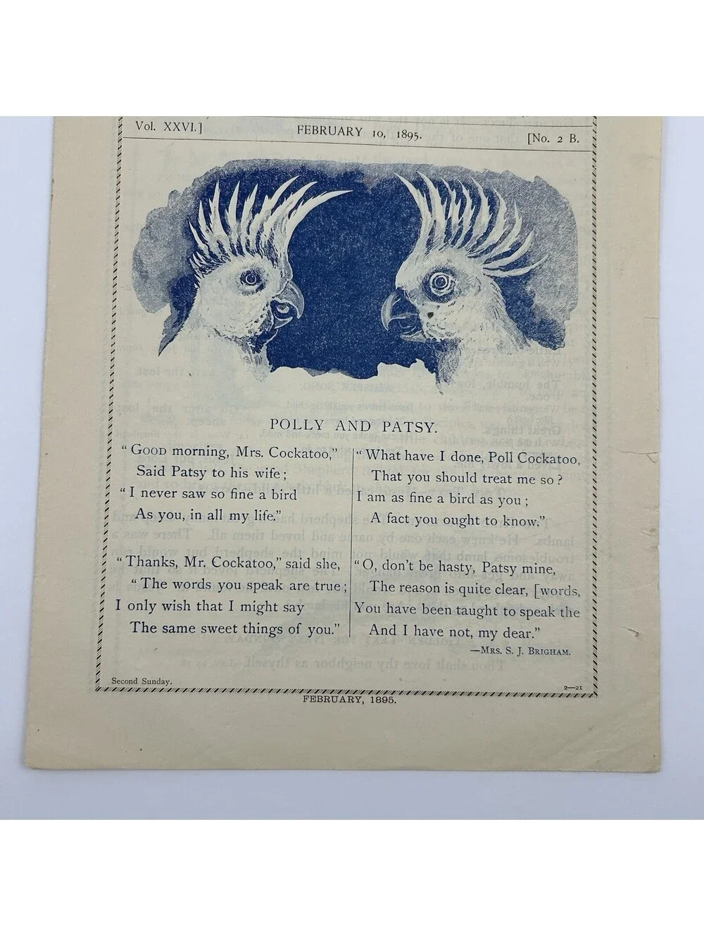 Antique 1895 Picture Lesson Paper Polly & Patsy Cockatoo Parrot Ephemera     C19